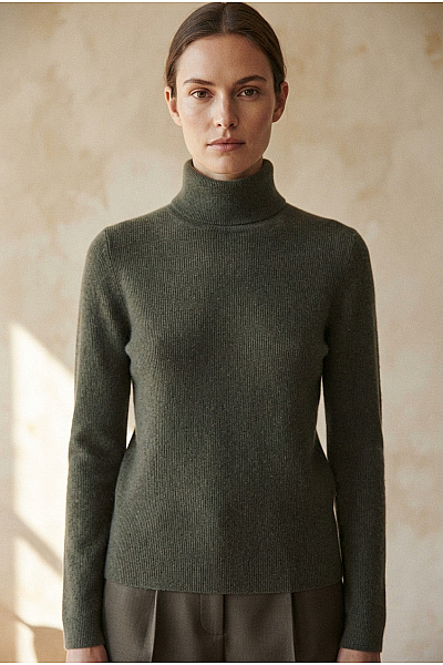 LAWRENCE GREY Dámský Khaki Vlněný Rolák Merino Pletený Basic Velikost M