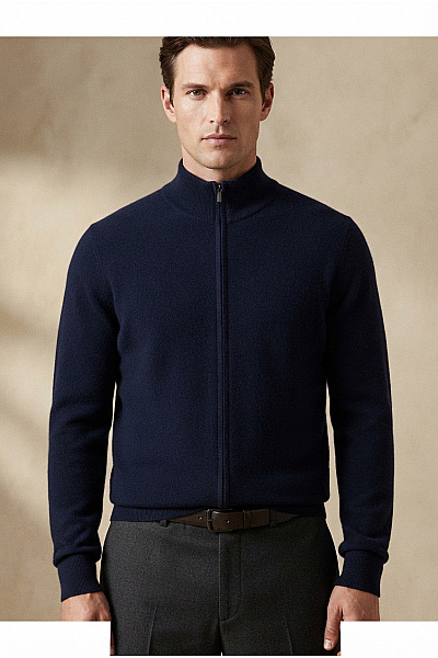 LAWRENCE GREY Pánský Modrý Vlněný Merino Kardigan Na Zip Se Stojáčkem Vel. XXL