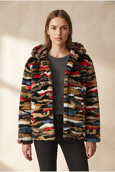 DESIGUAL Barevná Chlupatá Zimní Bunda S Kapucí Velikost L