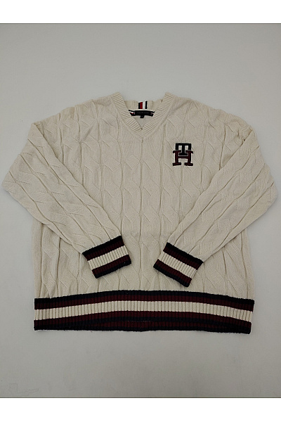 TOMMY HILFIGER Béžový vlněný pulovr copánkový vzor do véčka Vel. US XXL | TOMMY HILFIGER | obrázek 2