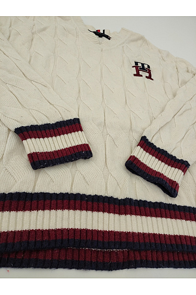 TOMMY HILFIGER Béžový vlněný pulovr copánkový vzor do véčka Vel. US XXL | TOMMY HILFIGER | obrázek 3