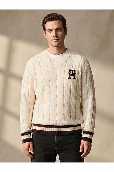TOMMY HILFIGER Béžový Vlněný Pulovr Copánkový Vzor Do Véčka Vel. US XXL