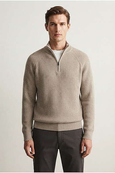 HACKETT Béžový Vlněný Merino Pulovr Se Stojáčkem Na Zip Velikost L