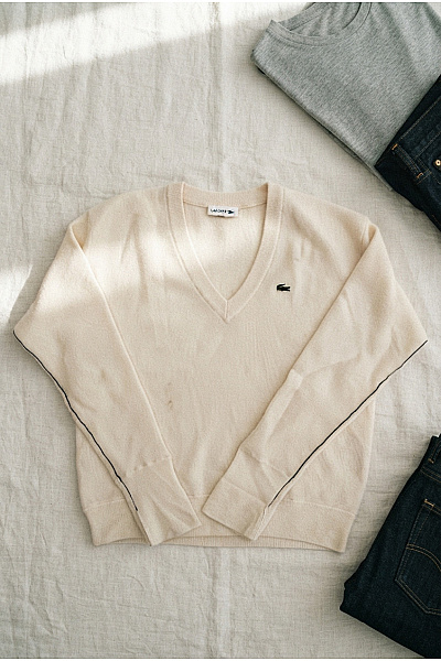LACOSTE Béžový Vlněný Pulovr Do Véčka Velikost EU 36