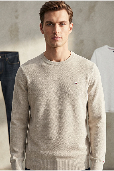 TOMMY HILFIGER Béžový Pletený Bavlněný Pulovr Basic Vel. M