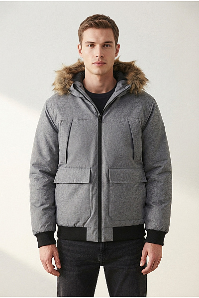 JACK & JONES Šedá Pánská Zimní Bunda Bomber S Kapucí A Kožešinou Vel. M