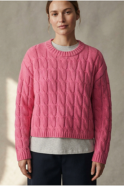 TOMMY HILFIGER Dámský Růžový Crop Pulovr S Copánkovým Vzorem Velikost XL
