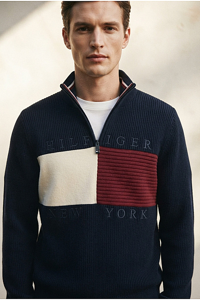 TOMMY HILFIGER Barevný Pletený žebrovaný Svetr Na Zip Se Stojáčkem Vel. S