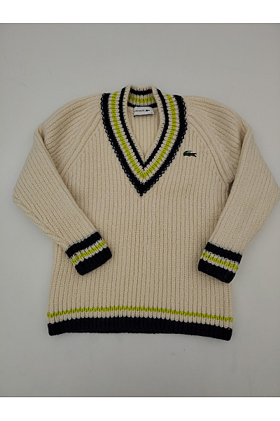 LACOSTE Béžový vlněný pletený žebrovaný pulovr s výstřihem do V Vel. EU 36 | LACOSTE | obrázek 2