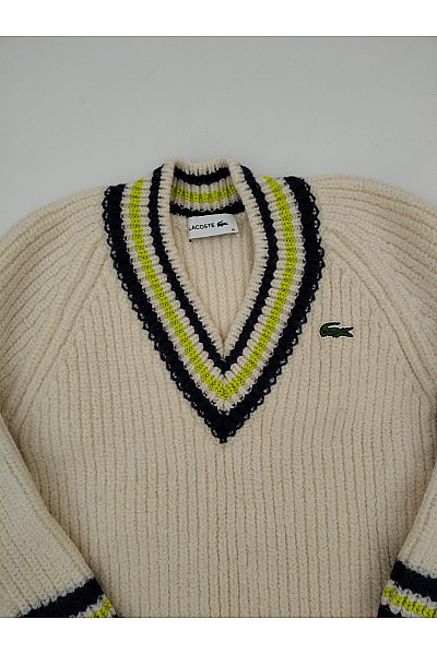 LACOSTE Béžový vlněný pletený žebrovaný pulovr s výstřihem do V Vel. EU 36 | LACOSTE | obrázek 5