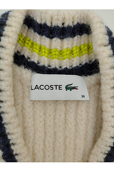 LACOSTE Béžový vlněný pletený žebrovaný pulovr s výstřihem do V Vel. EU 36 | LACOSTE | obrázek 8