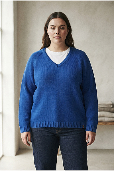 Camel Active Dámský Modrý Bavlněný Pulovr S Výstřihem Do V Oversized Vel. XXL