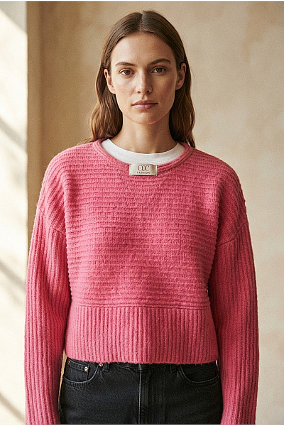 CC FASHION Růžový Vlněný Crop Pulovr Se Spadlými Rameny Velikost S