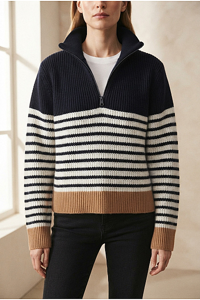 French Connection Dámský Pruhovaný Pletený Pulovr Na Zip Velikost XS