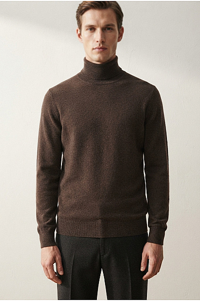 MAX TONSO CASHMERE Pánský Hnědý Kašmírový Hedvábný Rolák Pulovr Vel. L