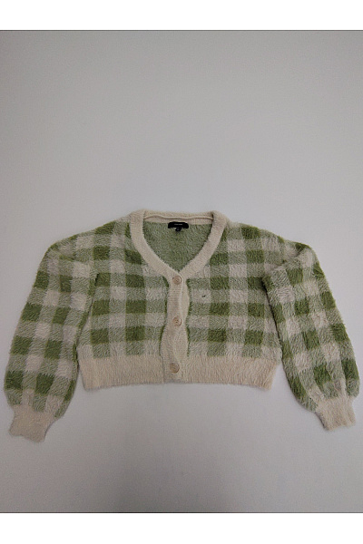 VERO MODA Zelený Kostkovaný Crop Kardigan S Balonovými Rukávy Vel. EU L