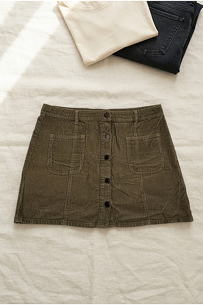 Next Khaki Bavlněná Mini Sukně S Knoflíky A Kapsami Velikost UK 16