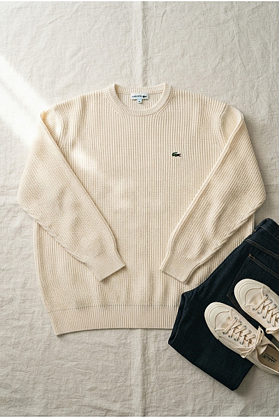 LACOSTE Béžový Bavlněný Pletený Pulovr Oversized Velikost FR 8