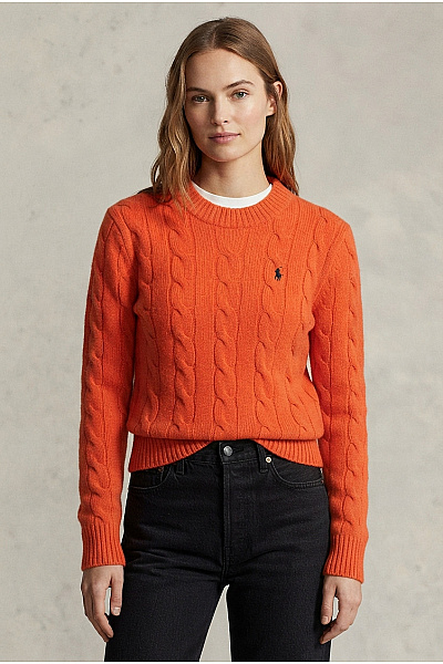 Ralph Lauren Oranžový Vlněný Pulovr S Copánkovým Vzorem A Stojáčkem Vel. US XS