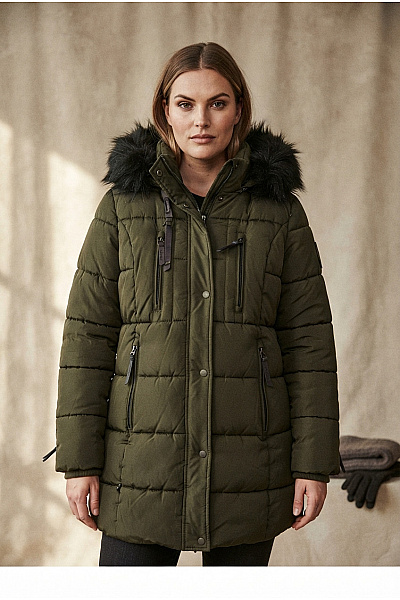MARIKOO Dámská Prošívaná Zimní Parka S Kapucí A Kožešinou Khaki Velikost XXL