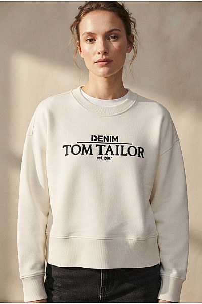 TOM TAILOR Béžová Bavlněná Oversized Mikina S Potiskem A Výšivkou Velikost S