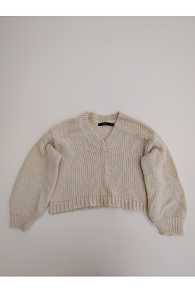 VERO MODA Béžový Crop Pulovr Do Véčka S Balonovými Rukávy Vel. EU L
