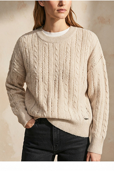 Pepe Jeans Béžový Oversized Pletený Pulovr S Copánkovým Vzorem Vel. M