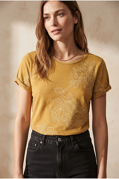 DESIGUAL Dámské Khaki Tričko S Krátkým Rukávem A Květinovým Vzorem Vel. M