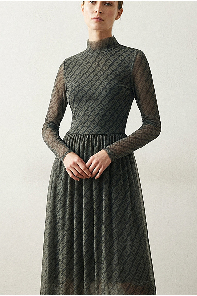 RICH&ROYAL Khaki Midi šaty S Dlouhým Rukávem Geometrický Vzor Vel. EU XS