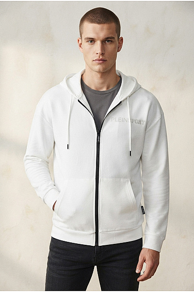 PLEIN SPORT Bílá Bavlněná Sportovní Mikina Na Zip S Kapucí A Nápisem Velikost XXXL
