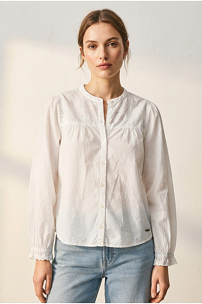 Pepe Jeans Bílá Bavlněná Halenka S Dlouhým Rukávem Madeirová Propínací