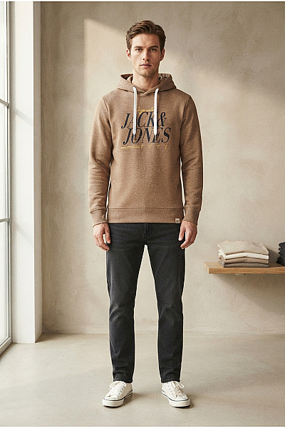 JACK & JONES Hnědá Pánská Mikina S Kapucí A Potiskem Vel. EU S