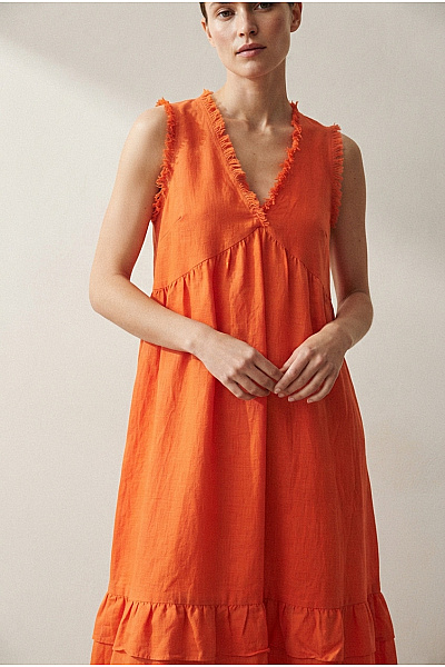 Oranžové Lněné Letní šaty Midi Boho Velikost M/L
