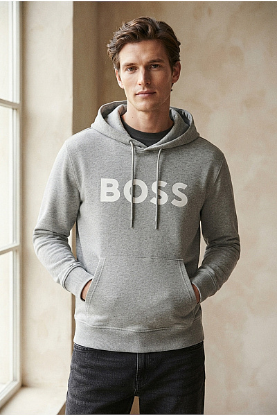 Hugo Boss Šedá Bavlněná Pánská Mikina S Kapucí A Nápisem Velikost EU M