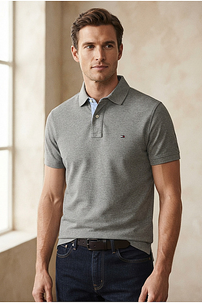 TOMMY HILFIGER Pánské šedé Bavlněné Polo Tričko S Krátkým Rukávem Vel. L