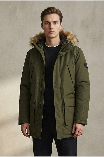JACK & JONES Pánská Zimní Parka S Kapucí A Kožíškem Khaki Vel. L