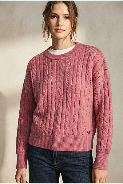 Pepe Jeans Růžový Pletený Dámský Pulovr S Copánkovým Vzorem A Spadlými Rameny Vel. L