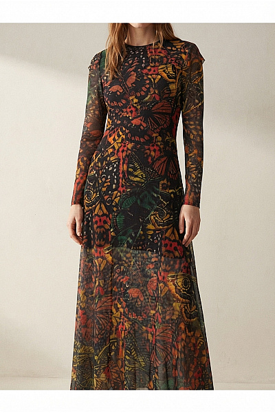 DESIGUAL Barevné Maxi šaty S Dlouhým Rukávem Motivem Motýlů Velikost M