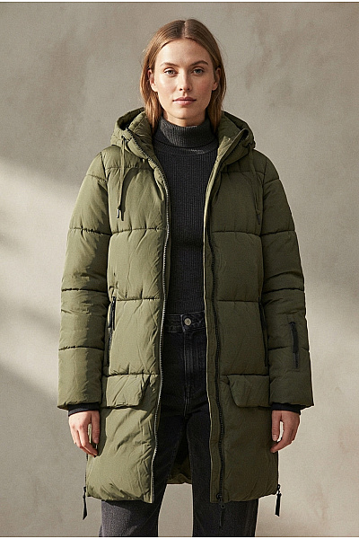 O'NEILL Dámská Khaki Prošívaná Zimní Dlouhá Bunda S Kapucí Puffer Velikost L