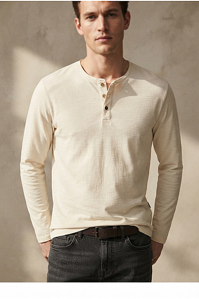 JACK & JONES Béžové Bavlněné Pánské Tričko Henley S Dlouhým Rukávem Vel. EU XL