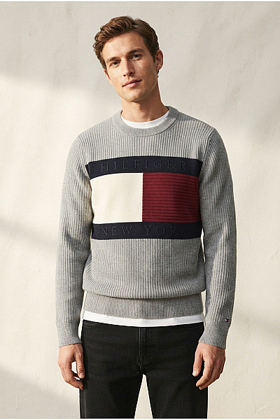 TOMMY HILFIGER Šedý Pletený žebrovaný Pulovr S Dlouhým Rukávem Vel. EU S