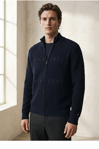 TOMMY HILFIGER Černý Pletený žebrovaný Pánský Svetr Na Zip Se Stojáčkem Vel. XXL