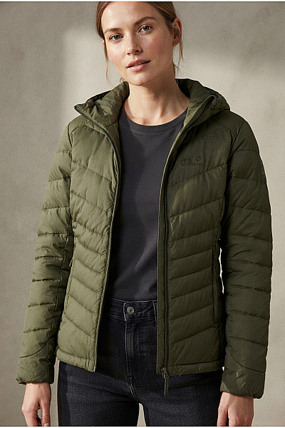 Jack Wolfskin Dámská Khaki Prošívaná Bunda S Kapucí Velikost EU M
