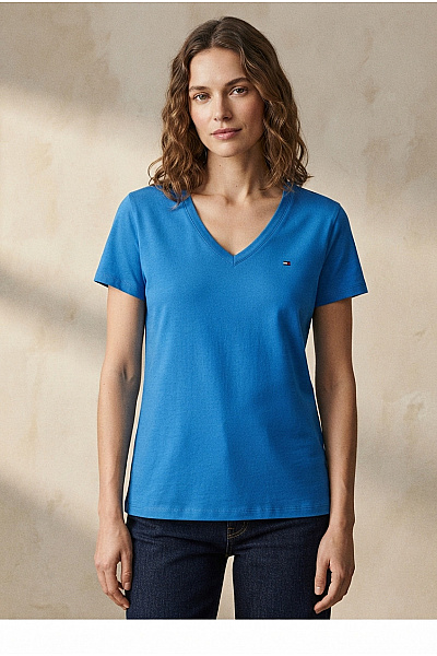 TOMMY HILFIGER Dámské Modré Bavlněné Tričko S Krátkým Rukávem Basic Vel. XL