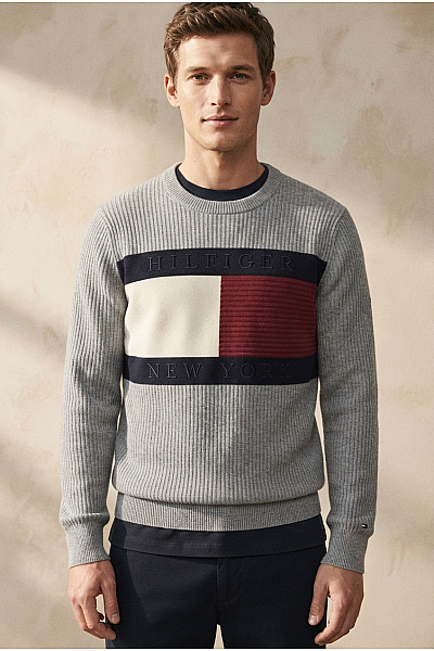 TOMMY HILFIGER Šedý Pletený žebrovaný Pulovr Přes Hlavu Vel. S