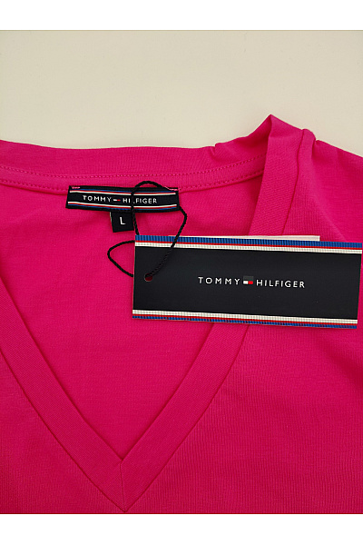 TOMMY HILFIGER Dámské bavlněné růžové tričko s krátkým rukávem a výstřihem do V Vel. L | TOMMY HILFIGER | obrázek 7