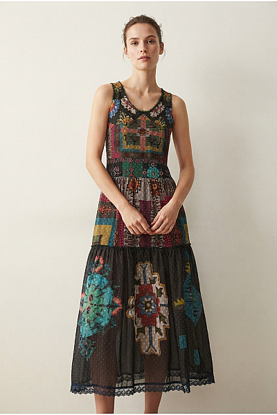 DESIGUAL Barevné Boho Maxi šaty Bez Rukávů S Výšivkou Velikost EU 36