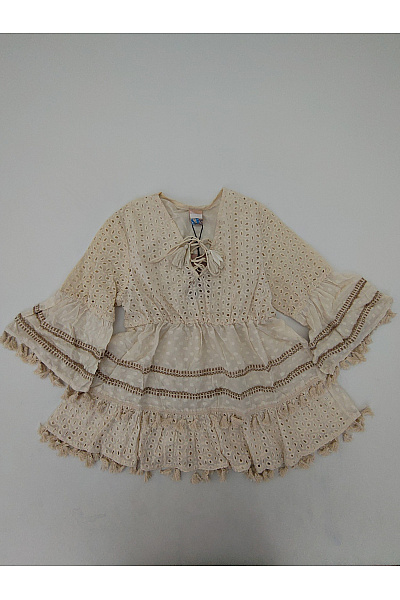 Béžová bavlněná boho halenka s výstřihem do V a zvonovými rukávy Velikost S | Unimoda | obrázek 2