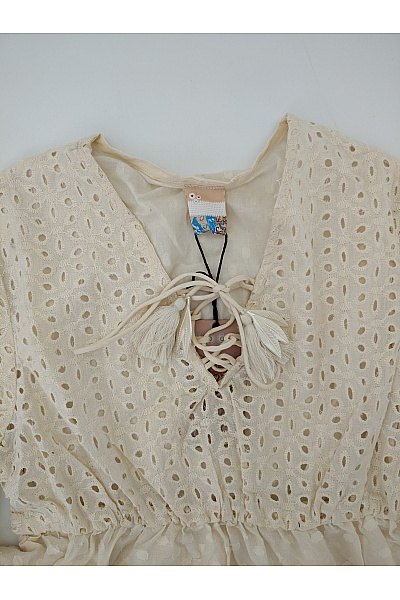 Béžová bavlněná boho halenka s výstřihem do V a zvonovými rukávy Velikost S | Unimoda | obrázek 4