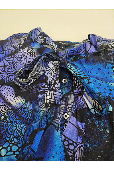 DESIGUAL Modrá vzorovaná halenka s dlouhým rukávem a mašlí Vel. EU S | DESIGUAL | obrázek 3